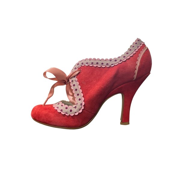 Poetic Licence London Lace Trim Red Suede Heels Pink-Bow Art Size EU 38 / US 7 - Picture 9 of 9